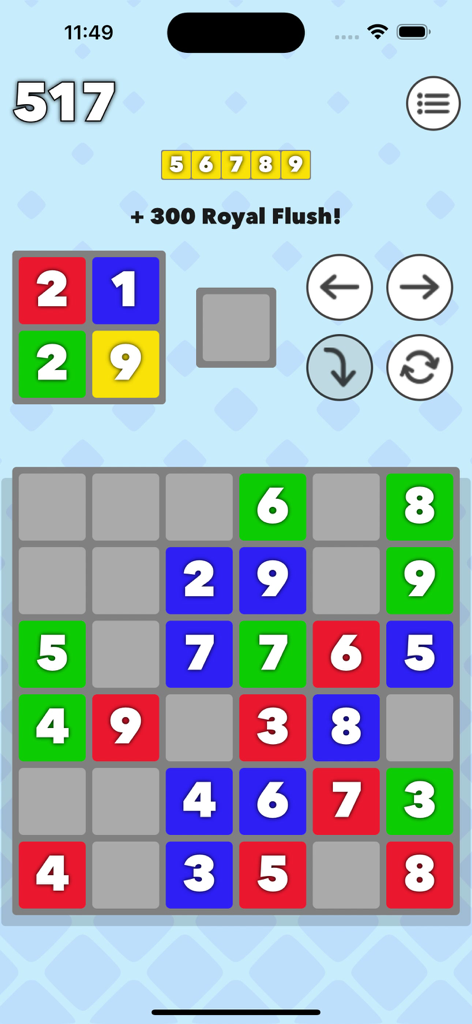 Margo 4 - Margo 4 gameplay screen showing a royal flush number sequence and a colorful grid of numbered tiles