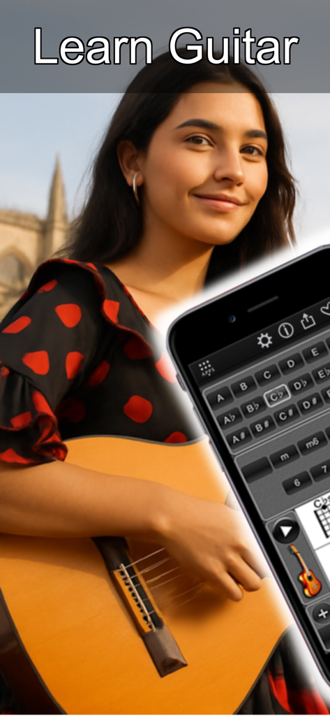 120 Guitar Chords - Una mujer sosteniendo una guitarra acústica junto a un teléfono inteligente que muestra una biblioteca de acordes de guitarra y diagramas de dedos