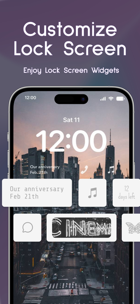 WidgetClub을 사용하여 기념일 및 음악을 위한 사용자 정의 가능한 미적 위젯이 표시된 iPhone 잠금 화면
