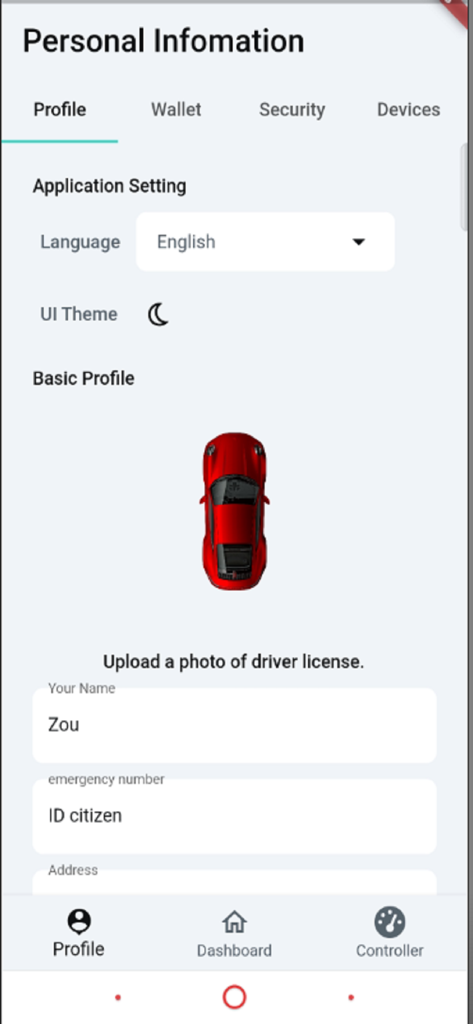 Écran de profil utilisateur et d'informations personnelles dans l'application de gestion de voiture Aslaa