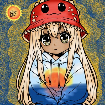 girl with anime shaped eyes with a dinosaur bucket hat oversized sweatshirt long straight hair