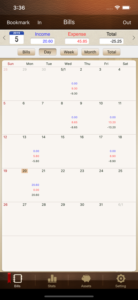 Money Manager Classic Lite - Monthly calendar interface in Money Manager Classic Lite showing daily income and expense totals