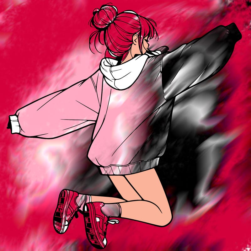 realistic girl jumping with a bun and oversized sweatshirt