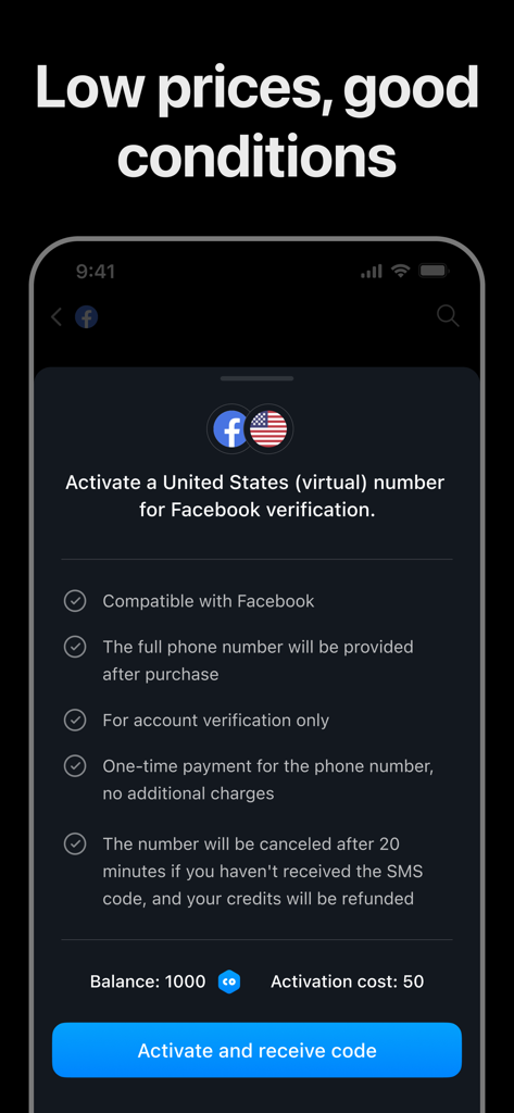 Getcode Pro SMS Virtual Number - A screenshot of the Getcode Pro app showing the activation process for a US virtual number for Facebook verification.