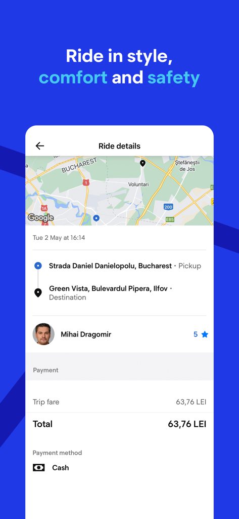 Blue Rumänien App-Oberfläche zeigt Fahrtdetails, einschließlich Routenkarte und Gesamtpreis