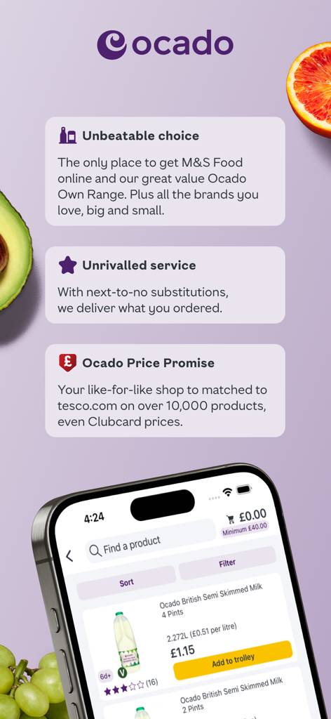 Ocado app screen showing grocery delivery benefits like M&S food and price matching