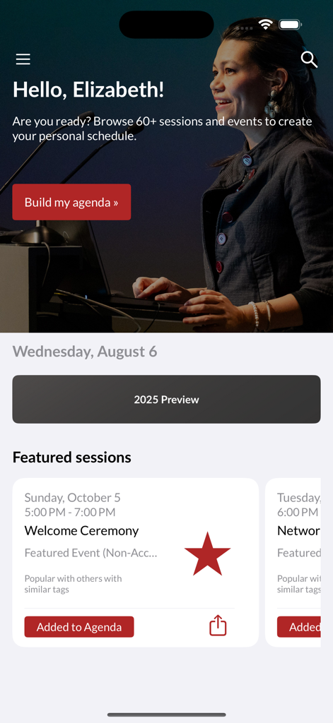 MDS Events - Home screen of MDS Events app showing conference agenda builder and featured sessions