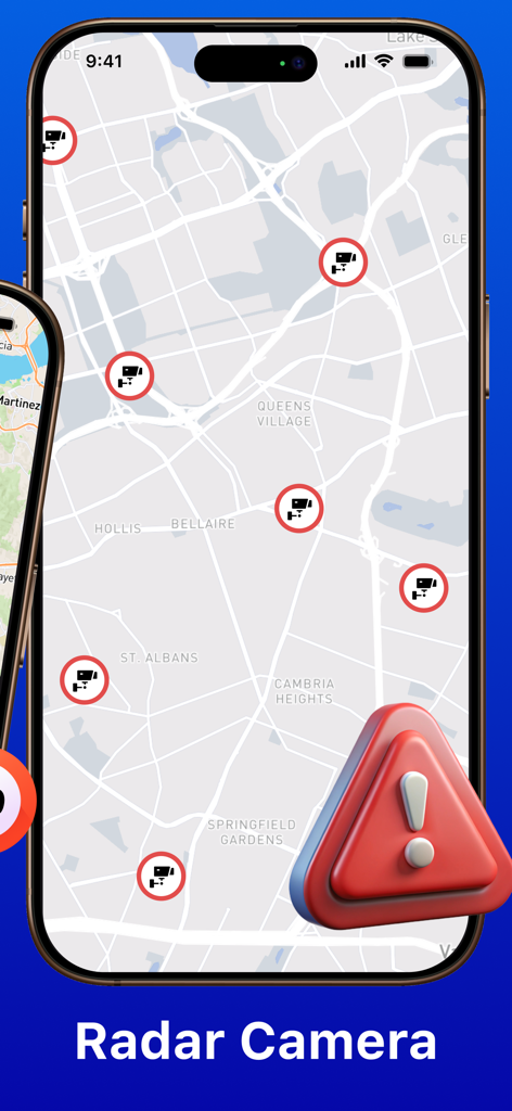 Radar Map, Radar Detector, HUD - Pantalla de mapa de smartphone que muestra iconos rojos de cámaras de velocidad y una alerta de advertencia