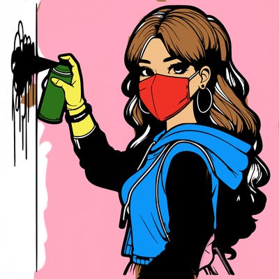 realistic girl with mask spray painting a wall