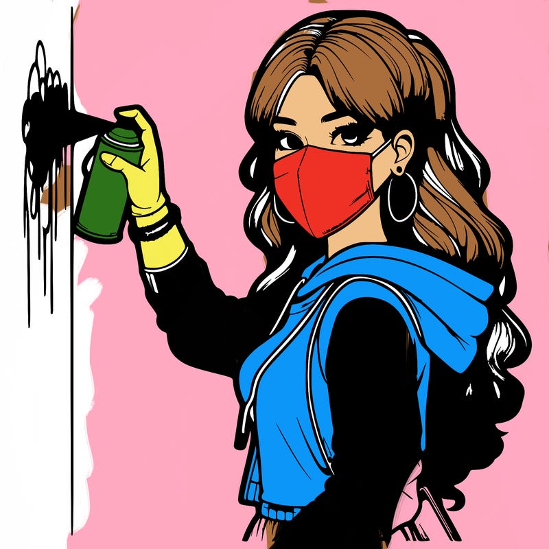 realistic girl with mask spray painting a wall