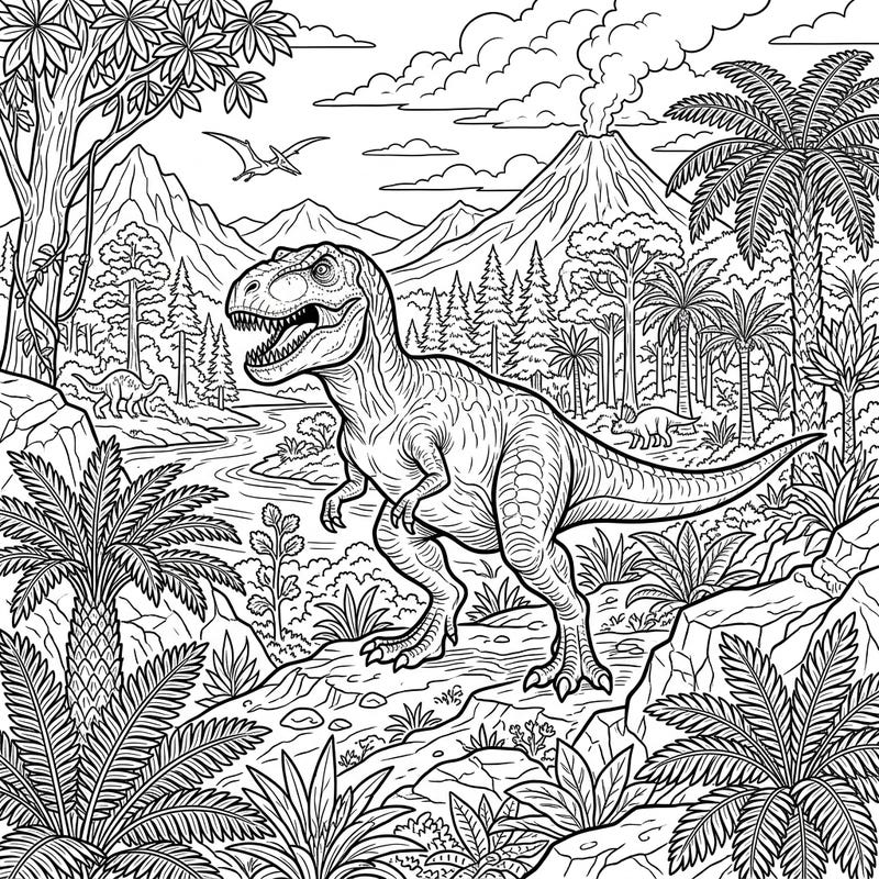 Embark on an epic journey back to the age of dinosaurs with this captivating T-Rex habitat coloring page. Dive into a richly detailed full scene featuring the mighty king of the dinosaurs in its natural prehistoric world.