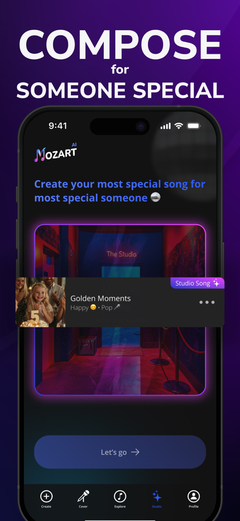 Interfaz de la aplicación Mozart AI Song Generator que muestra una función para componer música personalizada para ocasiones especiales utilizando fotos.