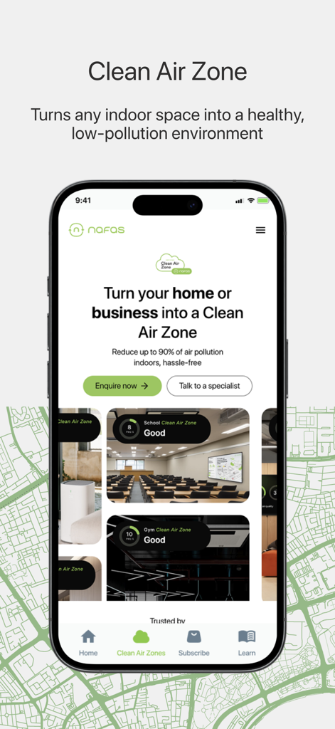 Nafas Middle East app screenshot showing the Clean Air Zone feature for home and business indoor air quality monitoring.