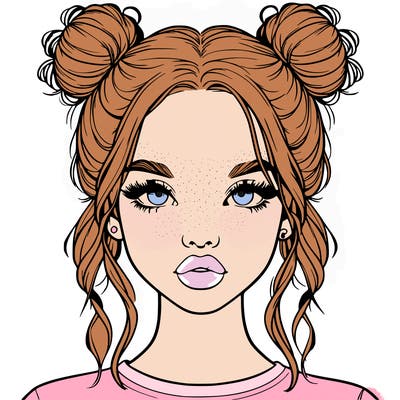 realistic girl with two buns in hair and lips