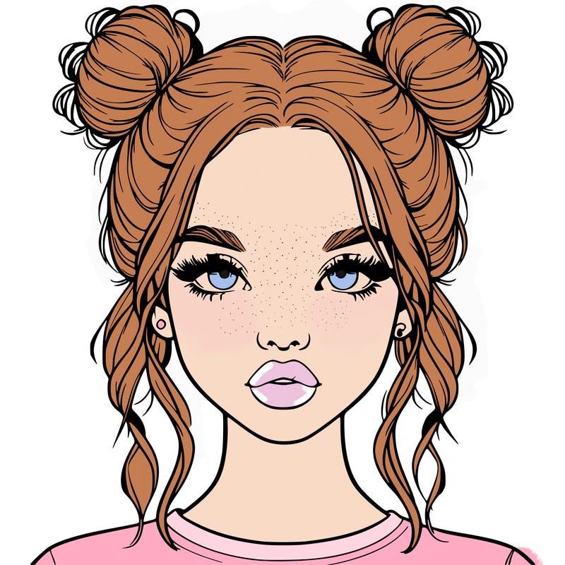 realistic girl with two buns in hair and lips