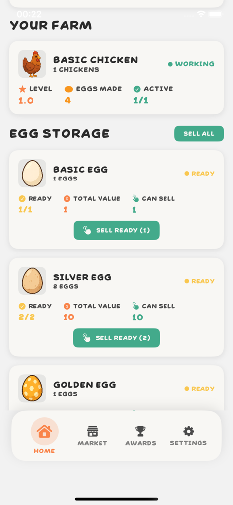 Interface of Fowl Fusion showing chicken production and egg storage ready for sale