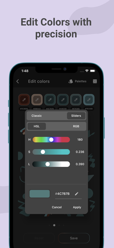Color Wheel Palette: ColorGear - ColorGearで正確なカラーパレット調整のためのHSLスライダーを示すモバイルアプリインターフェース