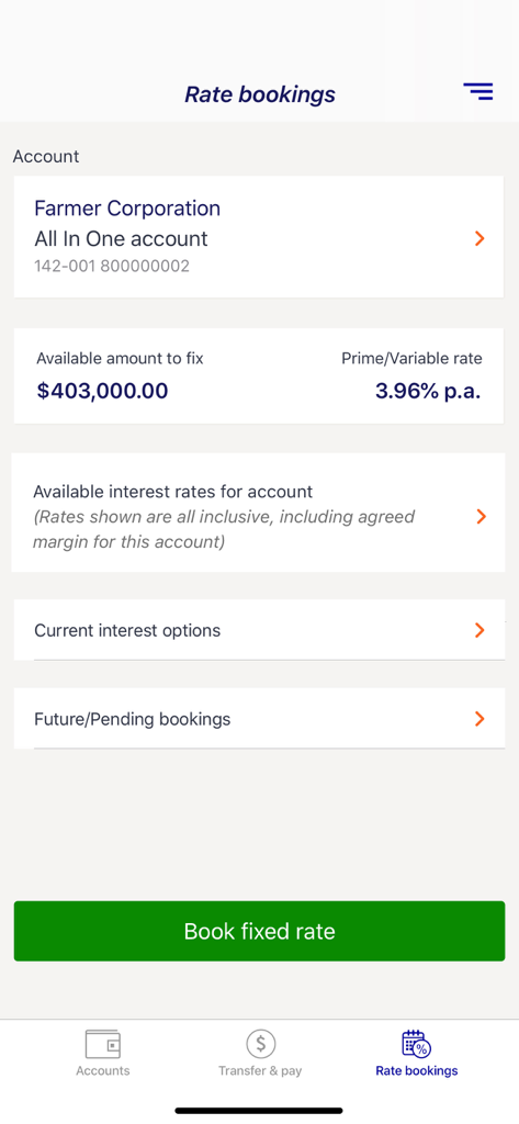 Rabobank AU - Rabobank AU app screen for rate bookings showing interest rate options for a farm business account