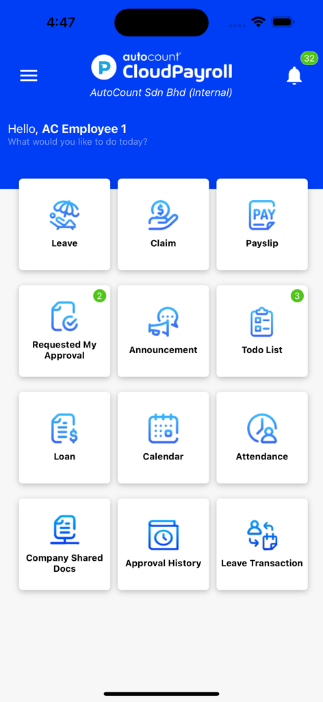 AC Payroll - The main dashboard of the AC Payroll app featuring HR icons for leave, claims, payslips, and attendance management.