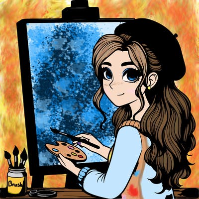 realistic girl artist painting a blank canvas