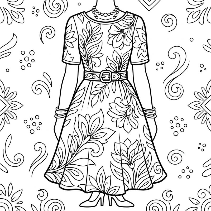 This beautiful coloring page features an elegant cocktail dress adorned with intricate floral patterns, perfect for a relaxing creative escape. Designed with seniors in mind, it offers clear outlines and engaging details for an enjoyable coloring experience.