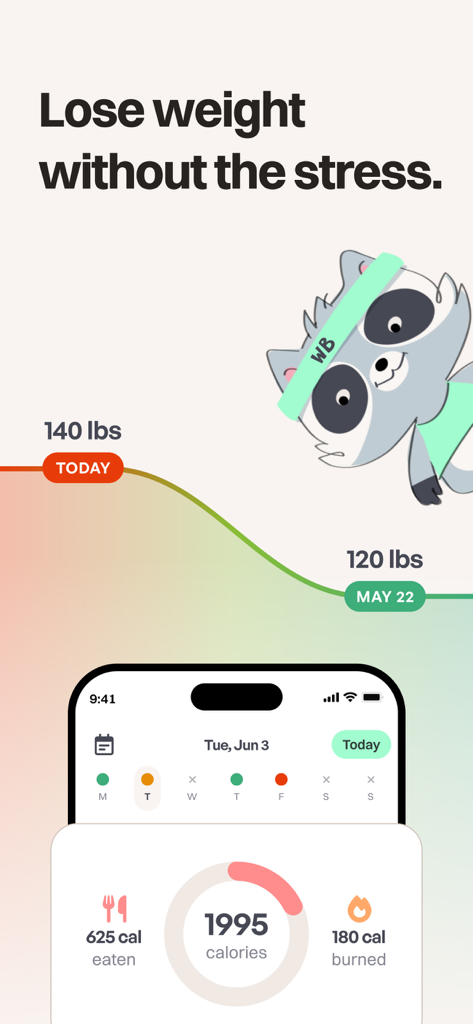 WeightBuddy: Calorie Tracker - Interface de l'application WeightBuddy montrant un graphique de progression de la perte de poids avec un adorable personnage de raton laveur et un tableau de bord de suivi des calories quotidiennes.