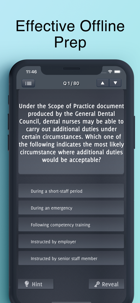 Interfaccia dell'app Dental Nurse Revision Exam che mostra una domanda a scelta multipla per la pratica offline