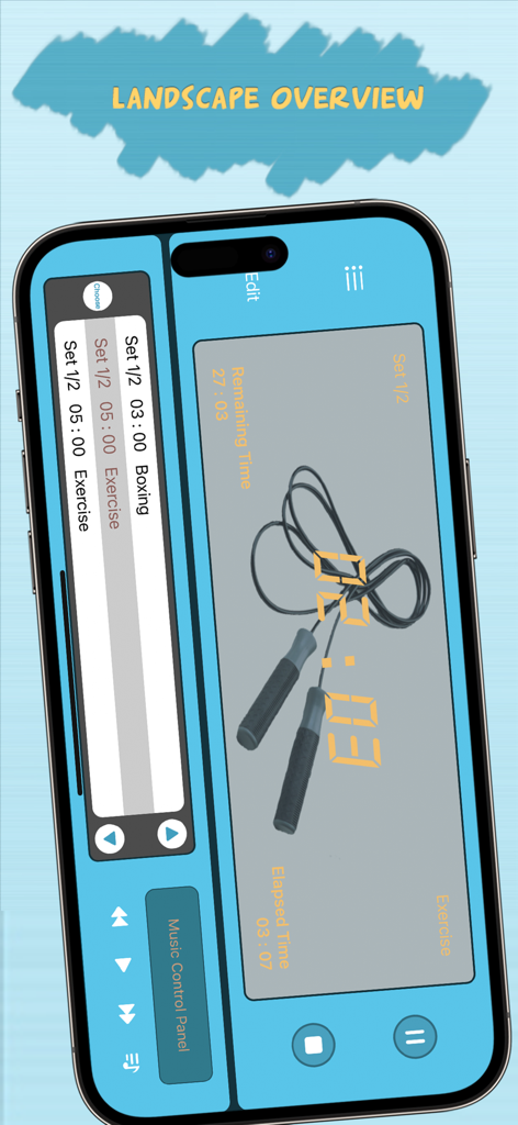 Best Interval Timer - Best Interval Timer app in landscape mode featuring a large digital countdown timer and music control panel