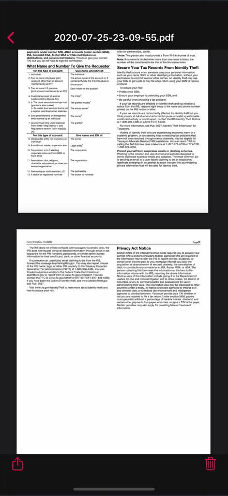 PDF Scanner Pro ⊟ - Interface de l'application mobile affichant deux pages d'un document fiscal PDF numérisé