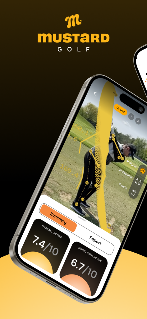 Mustard Golf: Swing Analysis - Mustard Golf mobile app displaying AI swing analysis with scoring and skeletal tracking