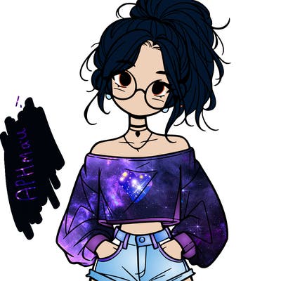 girl with a messy ponytail glasses a baggy crop top and jean shorts