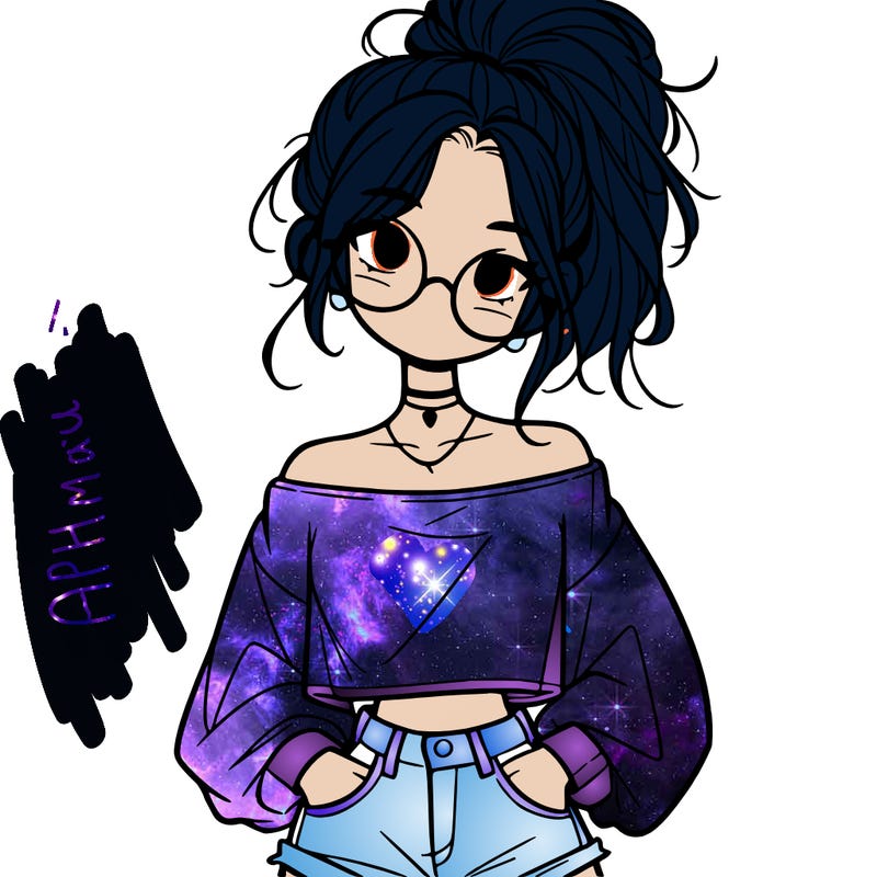 girl with a messy ponytail glasses a baggy crop top and jean shorts