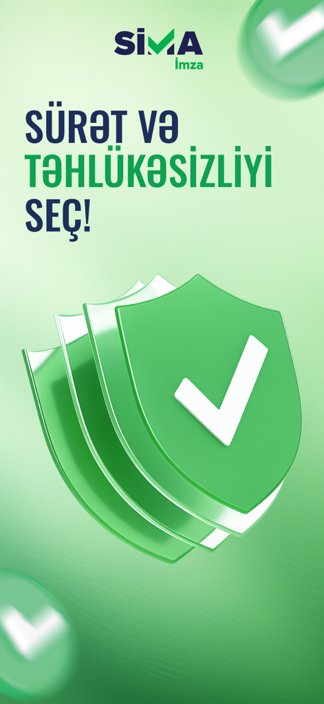 SİMA - Rəqəmsal İmza - Sima digital signature app screen featuring security shields and checkmarks