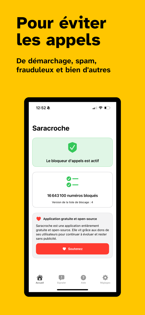 Saracroche : bloqueur d'appels - Saracroche call blocker app interface on iPhone showing active status and blocked numbers count