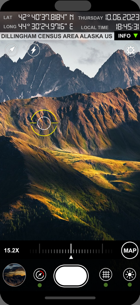 Compass i16 GeoTag GPS Camera - Professional GPS camera interface showing coordinates and location data over mountains