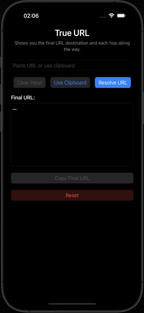 True URL - True URL app interface for resolving shortened links and viewing redirect hops