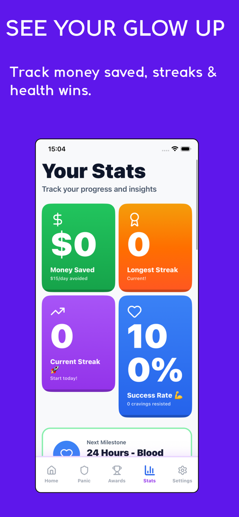 No Sugar Challenge: Detox App - No Sugar Challengeアプリで節約された金額と砂糖なしのストリークの統計を表示するモバイルアプリ画面。