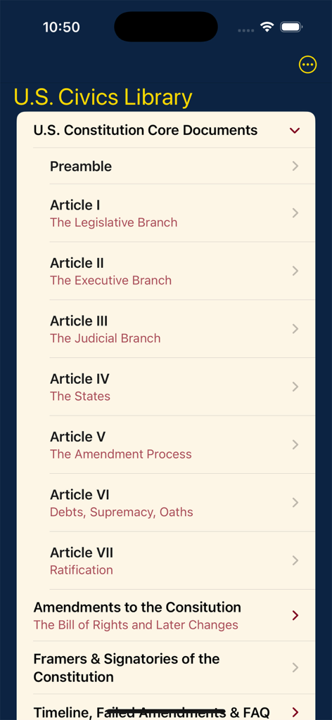 US Constitution core documents menu including articles and preamble in the civics library app