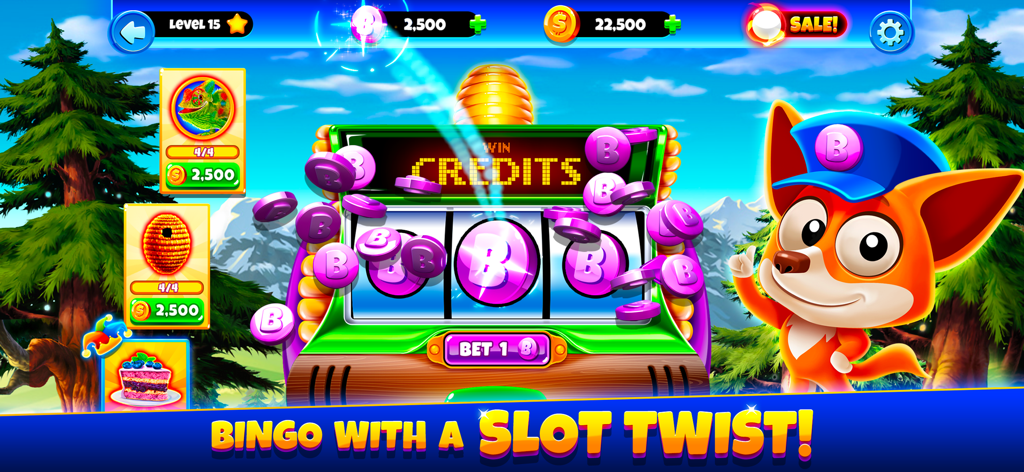 Xtreme Bingo! Slots Bingo Game - Une capture d'écran vibrante du gameplay de Xtreme Bingo présentant une machine à sous avec des boules de bingo et un renard de dessin animé dans un décor forestier.