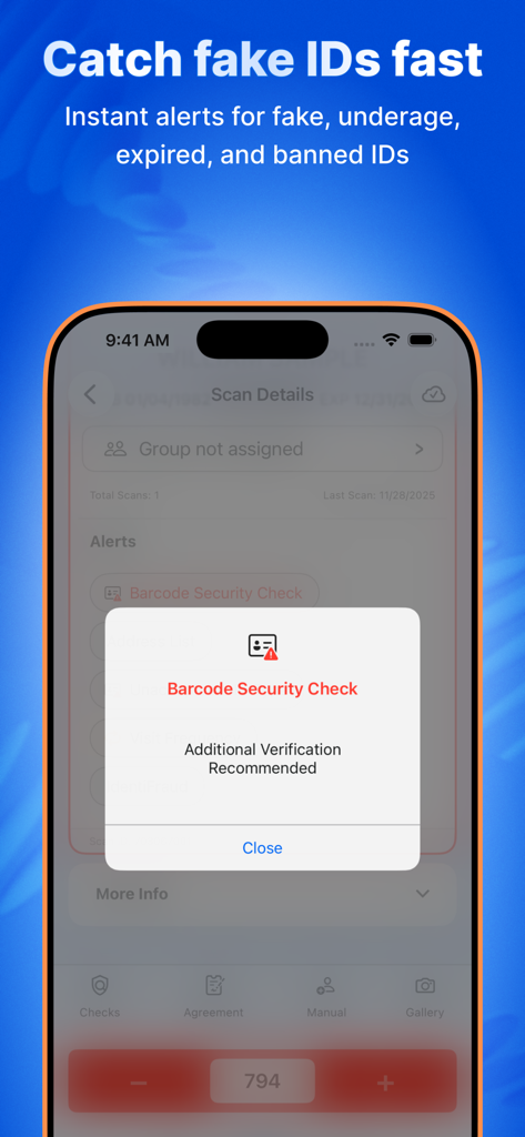 VeriScan mobile app showing a barcode security check alert for ID verification