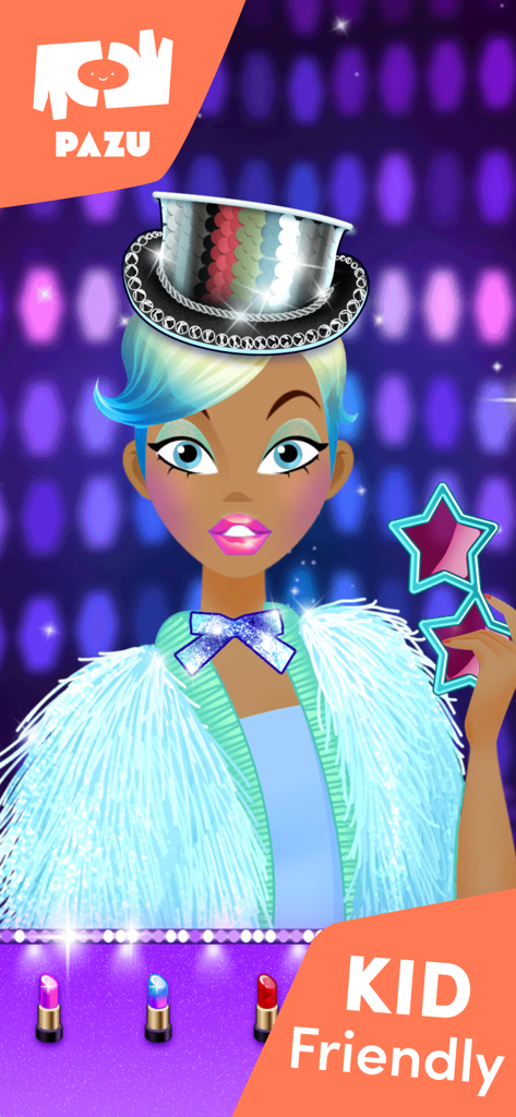 Uma personagem de menina popstar com cabelo azul e uma cartola de lantejoulas usando um casaco de penas brancas em um jogo de vestir para crianças.