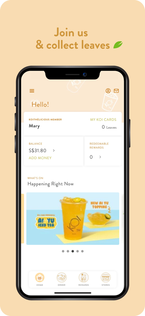 KOI Thé Singapore mobile app home screen showing member loyalty points and rewards