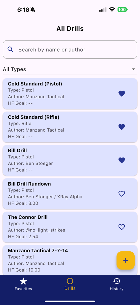Una lista de ejercicios de entrenamiento de armas de fuego en la aplicación AimBot que incluyen Bill Drill y Cold Standard con objetivos de factor de impacto.