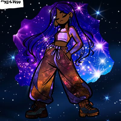 girl in baggy pants crop top and long hair