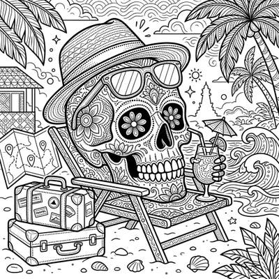 Embark on a unique artistic journey with our Dot Work Skull Vacation coloring page. This intricate design features a stylish skull relaxing on a sunny beach, complete with all the travel essentials.
