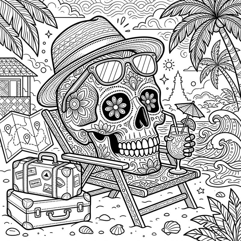 Embark on a unique artistic journey with our Dot Work Skull Vacation coloring page. This intricate design features a stylish skull relaxing on a sunny beach, complete with all the travel essentials.