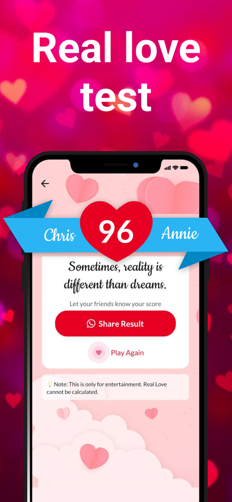 Love Tester: Real Love Test - Interface of the Love Tester app displaying a ninety six percent love score for Chris and Annie with a share button
