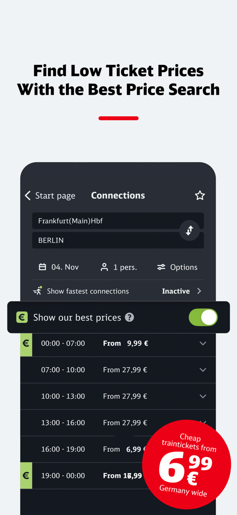 DB Navigator app screenshot showing best price search for cheap train tickets in Germany