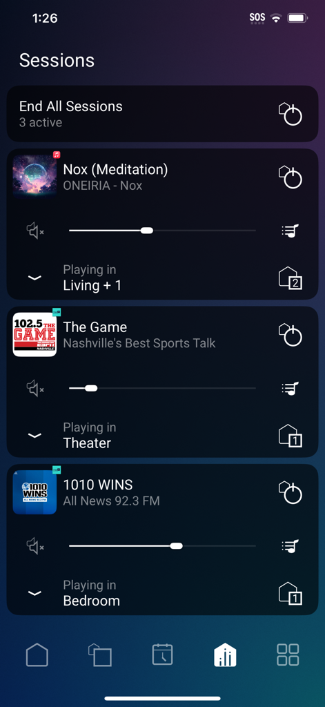 Control4 - Interface of the Control4 app showing active media sessions across different rooms including the living room and home theater