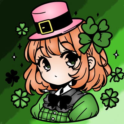 a manga-style girl with clovers around her, a little hat in her hair, like it's saint patrick's day